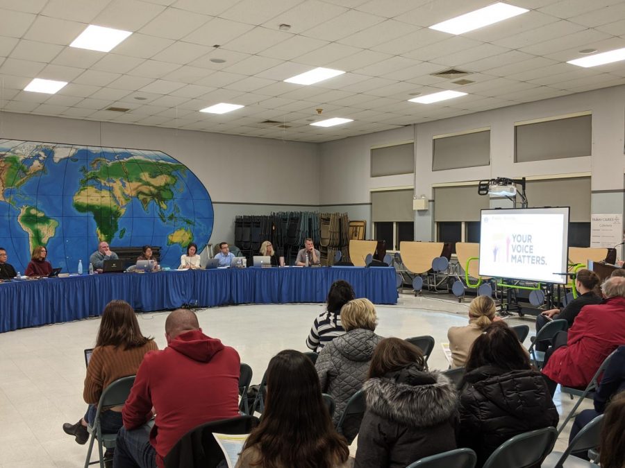 The Hamilton-Wenham School Committee and members of school administration hear comments from community members on the school budget. 
From Left to Right: Gene Lee, Michelle Horgan, David Polito, Michelle Bailey, Julie Kukenberger, Vincent Leone, Stacey Metternick, and Peter Wolczik. Not pictured but present: Tai Pryjma.