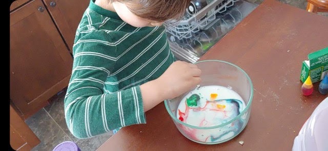 Science experiment with milk, dish soap, and food coloring.