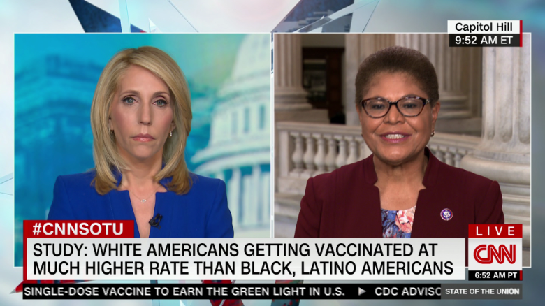 CNN reporter Dana Bash interviews Rep Karen Bass about how systemic racism is influencing vaccination distribution