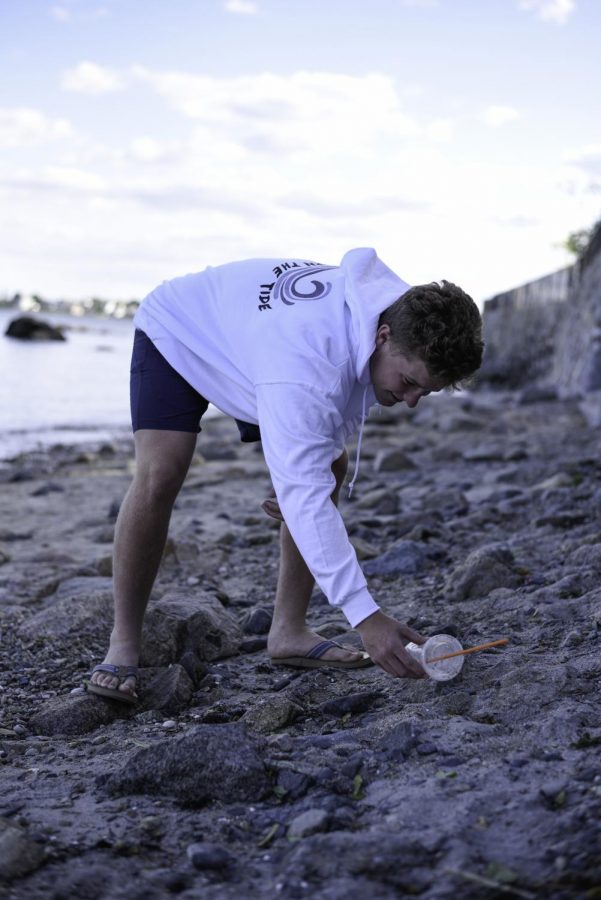 Christopher Domoracki reaches down to pick up garbage polluting Old Garden Beach in Rockport.