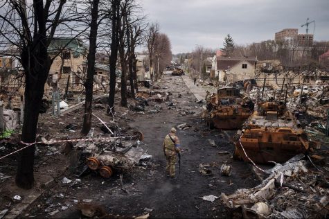 Photo of a destroyed Ukrainian street after a Russian attack, taken on April 6, 2022