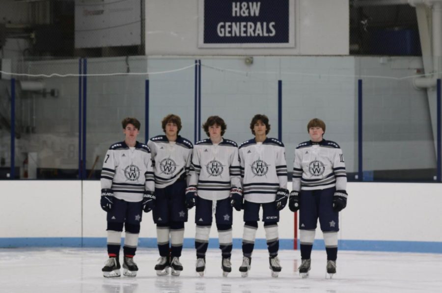 Hamilton-Wenham Boys Hockey Team freshman photo at Pingree Ice Rink in Hamilton, Massachusetts. From left to right: Ryan Fazio, Grayson Minich, Bruce Danaher, Gabe Roman, Finn Churchill. 
