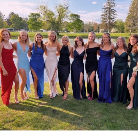 From Left to right Dylan Whitman, Libby Poland, Hannah Ciriello, Catherine Carroll, Ava Shultz, Maisie Leland, Claire Veenema, Stewart Bernard, Ava Vautour, Lucy Ayers pose at Patton Park before heading off to junior prom 2023.