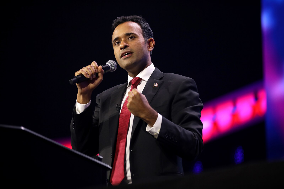 Vivek Ramaswamy speaking with attendees at the 2023 Turning Point Action Conference at the Palm Beach County Convention Center in West Palm Beach, Florida