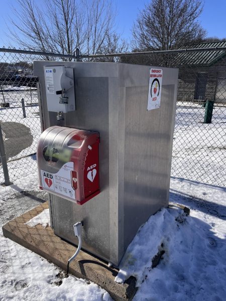 This picture was taken on January 21st and shows one of the AED machines that ReadyToReactCPR has installed in Beverly, Massachusetts.