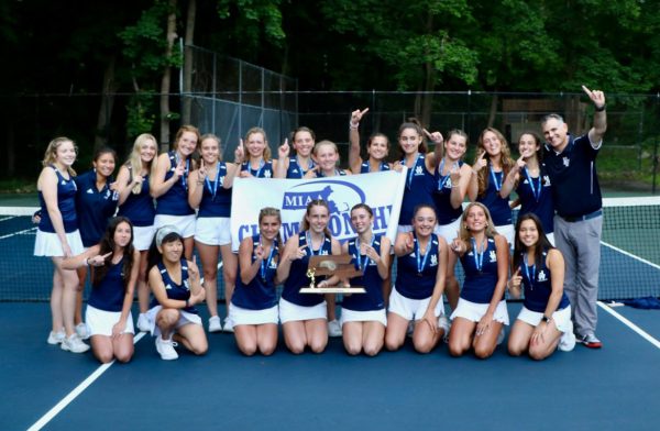 
Hamilton-Wenham Girls Tennis Team Championship at Endicott College Tennis Courts in Beverly, Massachusetts. In the back, from left to right, Morgan DeJoy, Lena Voss, Sydney Dolan, Maddie Minich, Angelina Meimeteas, Sydney Amero, Abby Simon, Sienna Gregory, Ava Maher, Sofia Montoya, Laynee Wilkins, Olivia Romans, Julia Maher, and Coach Joe Maher. In the front, from left to right, Emily McIntosh, Mariah Boys, Ellie Holbrook, Alle Benchoff, Chloe Gern, Sky Jara, Naomi Provost, and Nina Finn.

