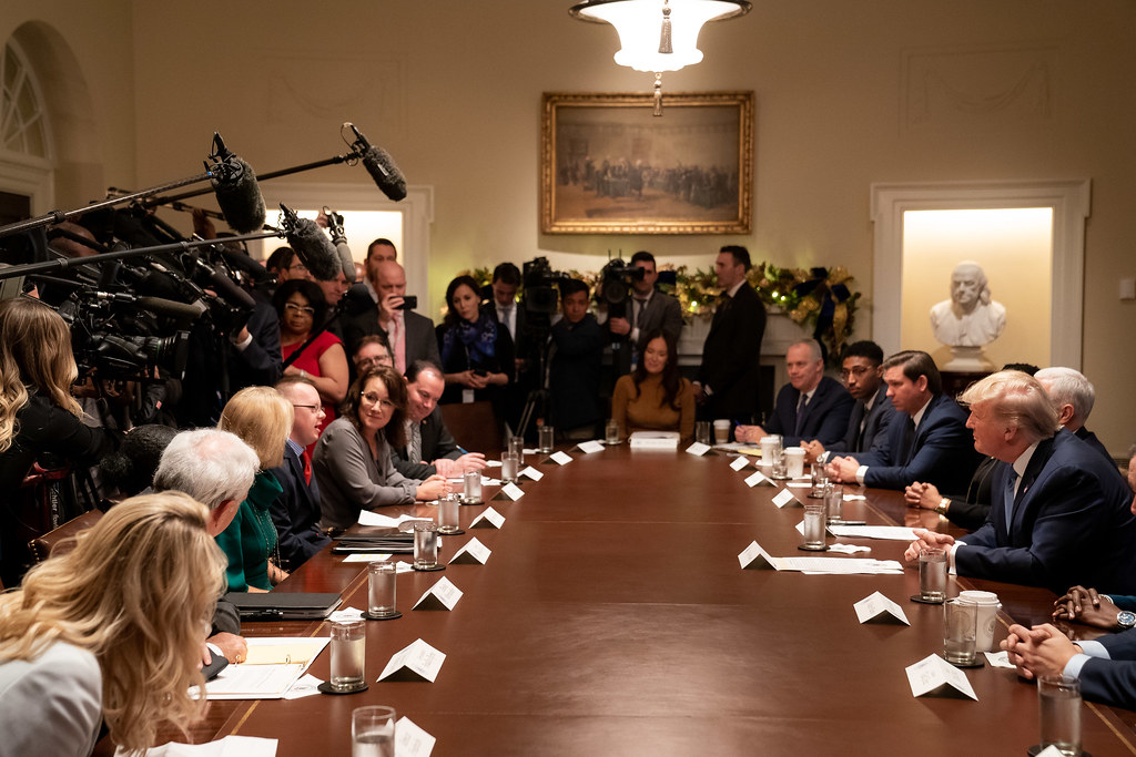 President Donald J. Trump, joined by Vice President Mike Pence, participates a roundtable on empowering families with education choice Monday, Dec. 9, 2019, in the Cabinet Room of the White House.