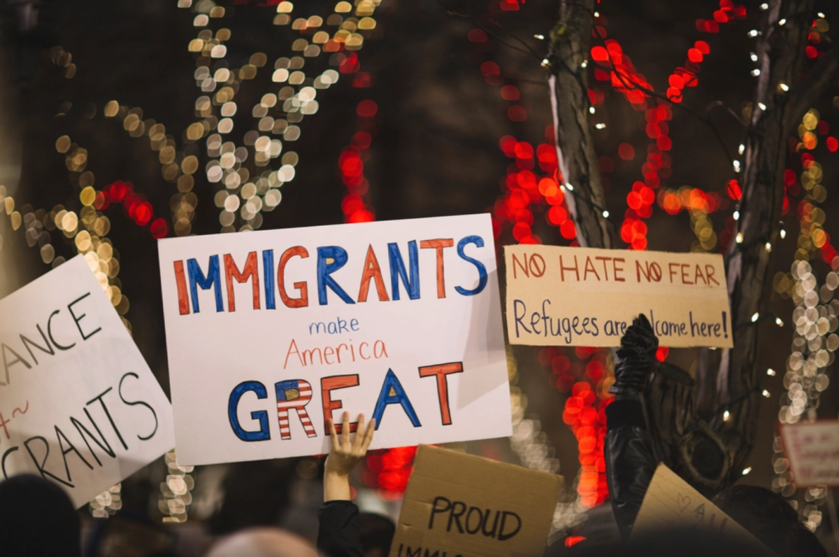 Photo from July 22, 2025, of a rally where people can to support immigration rights. 