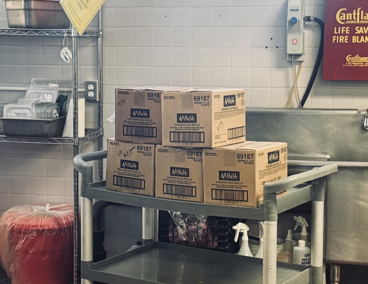 Packaged chicken egg rolls in the cafeteria kitchen.