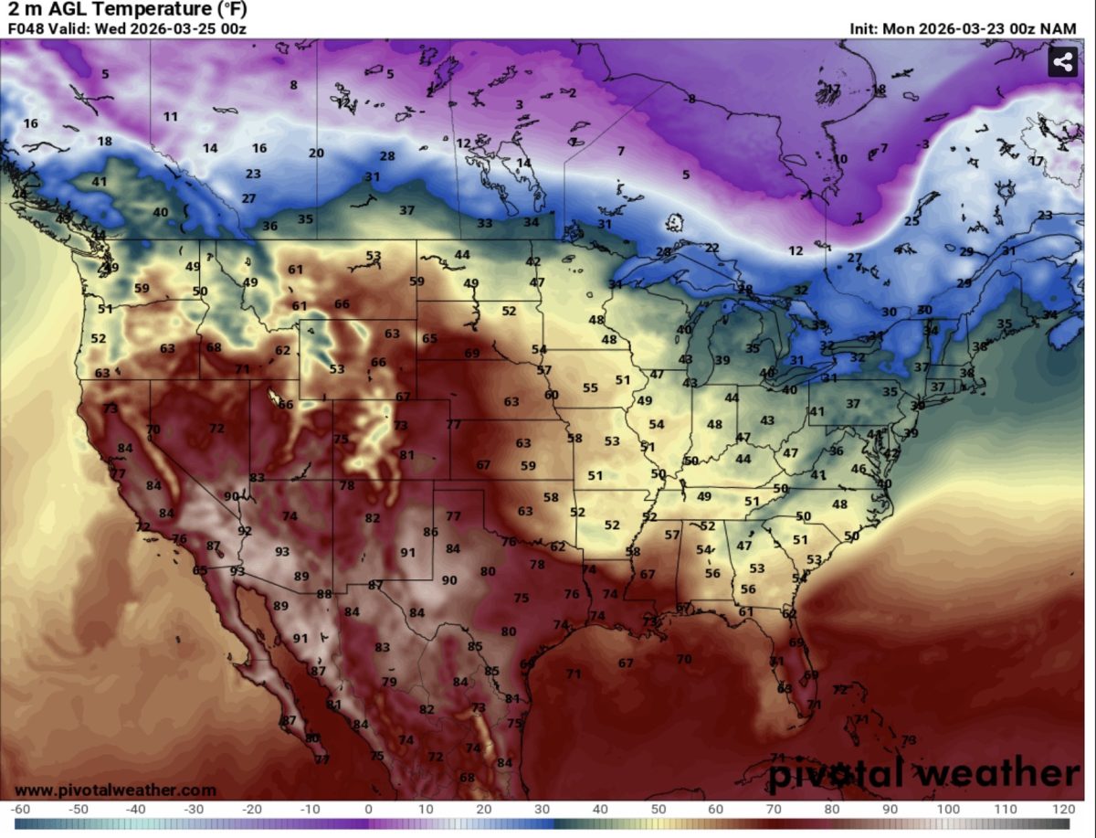 A map showing temperature spread across the United States. (Photo courtesy of Pivotal Weather)